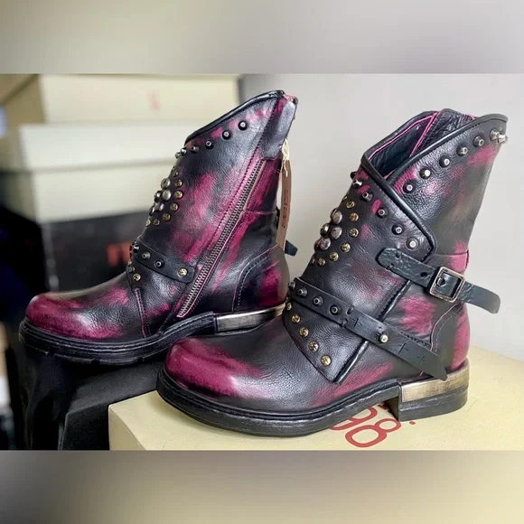 A.S.98 ASHER Fushcia Rub Off Riveted Italian Leather Boots •Size 7 / New in Box - Picture 2 of 9